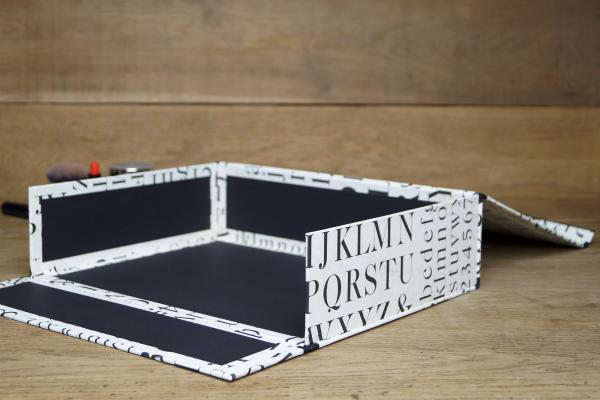 Storage box with ABC design paper, black, white, inside matt, black photo cardboard, flexible foldable front open